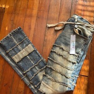 Distressed Blue and Tan Jeans